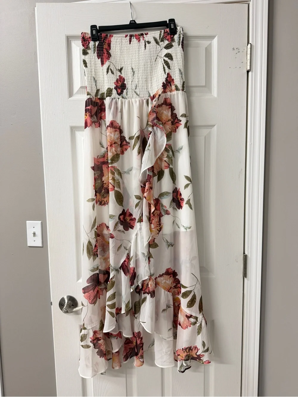 VENUS Ivory Strapless Maxi Dress with Orange, Red & Green Floral Great for Fall